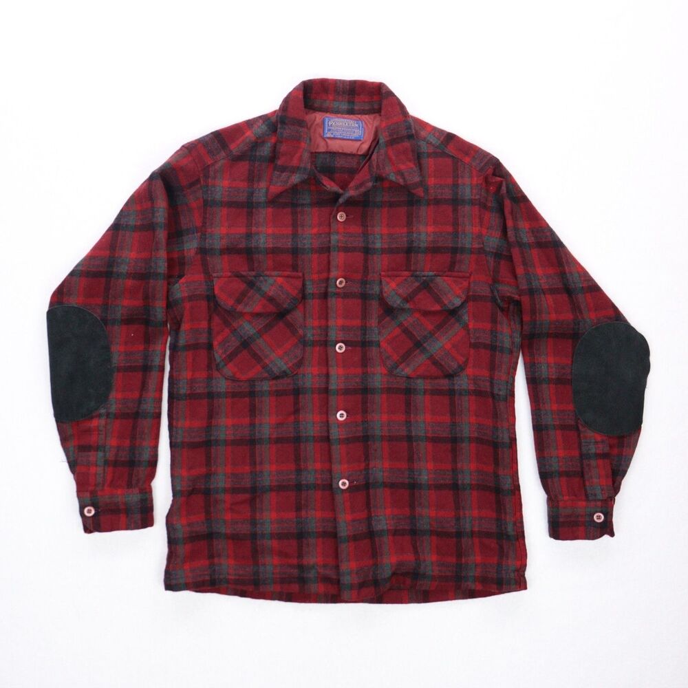 Pendleton Board Shirt Men Small Wool Plaid Elbow Patches Flap Pockets USA *Read